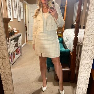 White and gold plaid matching blazer and dress set